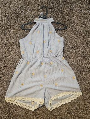 Blue Rain Light Blue & White Striped Halter Romper with Yellow Floral Embroidery